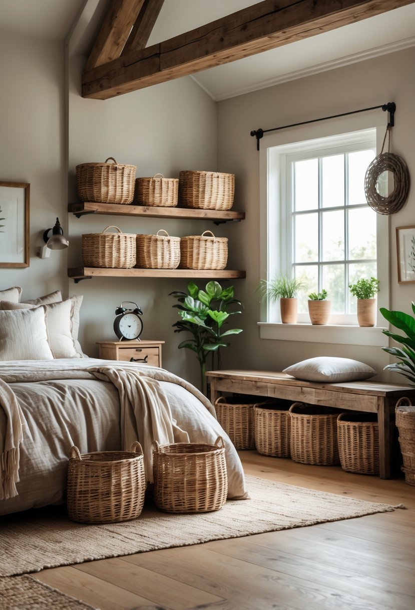 A farmhouse bedroom with wicker baskets used for organized storage on shelves and under a bench, featuring a neatly made bed and natural light.