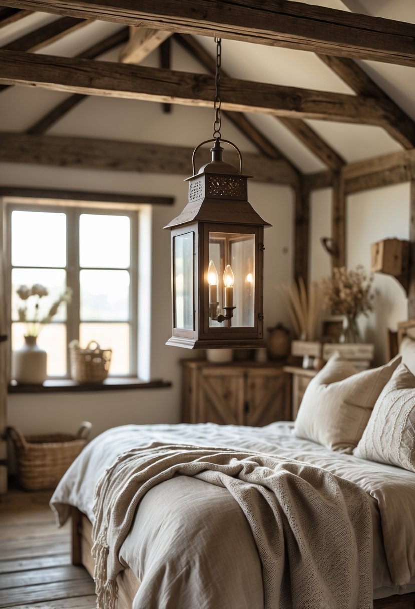A cozy farmhouse bedroom with an antique lantern hanging from the ceiling, wooden furniture, and soft natural light coming through a window.
