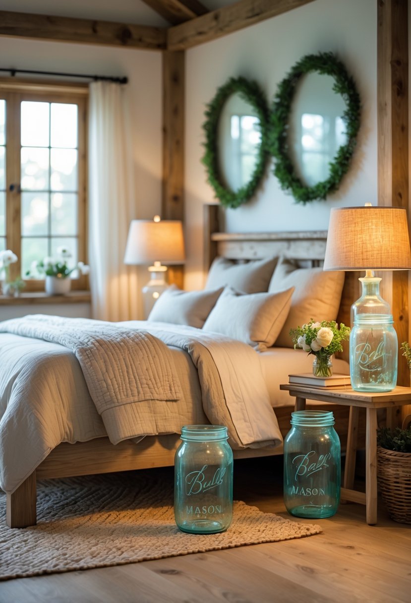 A bedroom with a wooden bed and mason jars used as nightstands, holding lamps and small decorations.