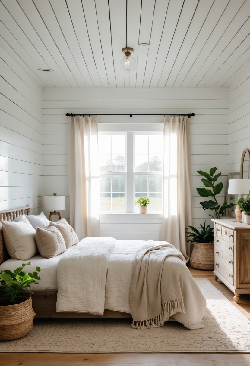 A bright bedroom with white shiplap walls, a large bed, wooden furniture, and natural light coming through a window.