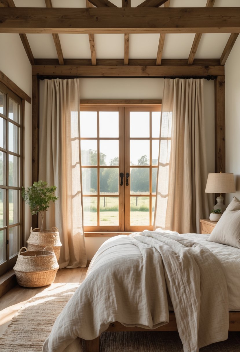 A bright bedroom with wooden furniture and soft linen curtains hanging over large windows letting in natural light.