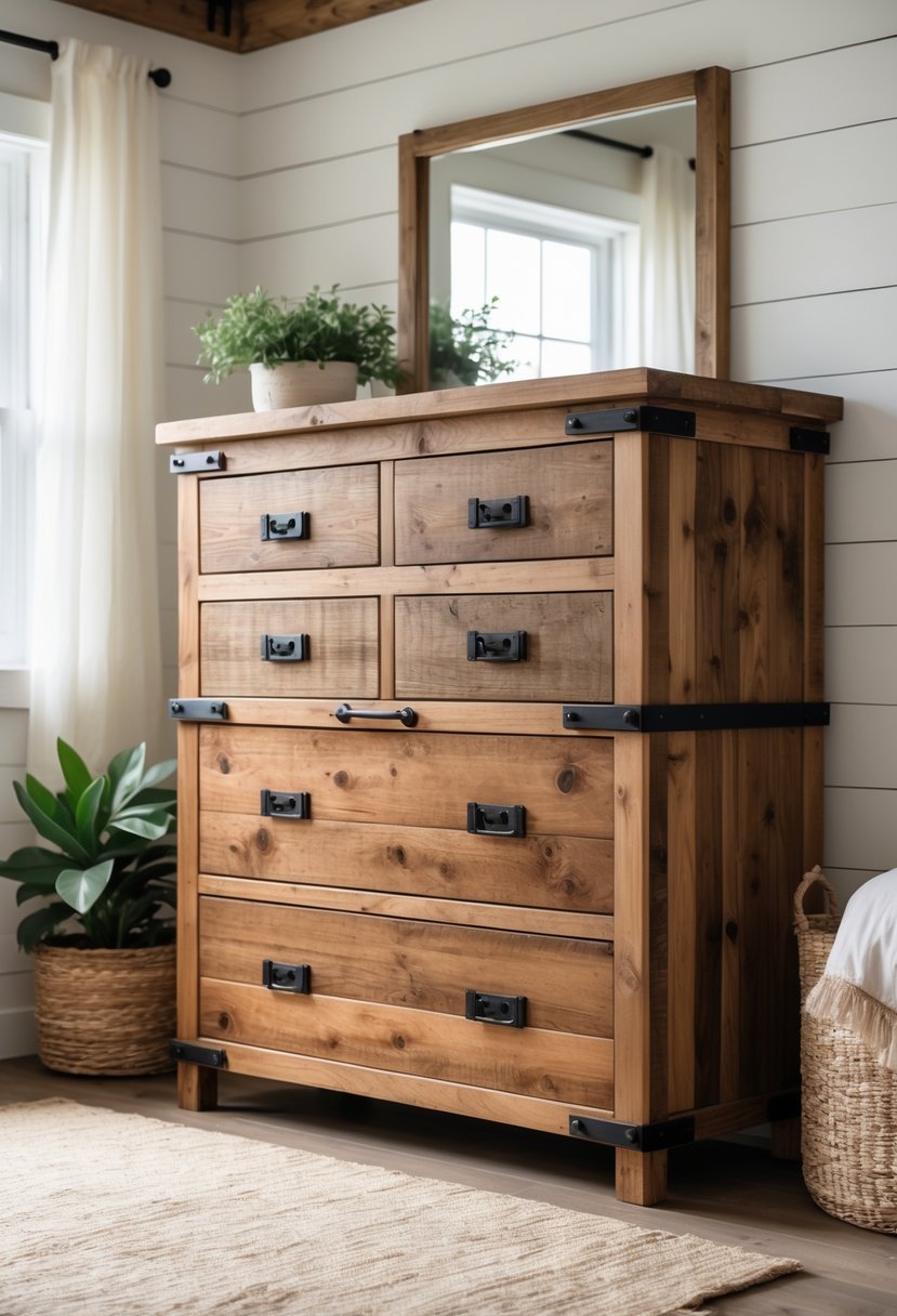 A wooden dresser with black iron handles in a bright bedroom with farmhouse decor.