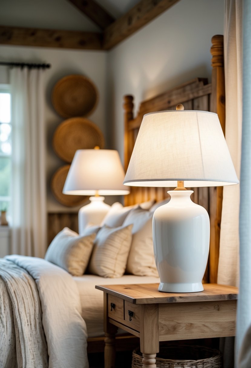 A cozy bedroom with white ceramic table lamps on wooden bedside tables, soft lighting, and rustic furniture.
