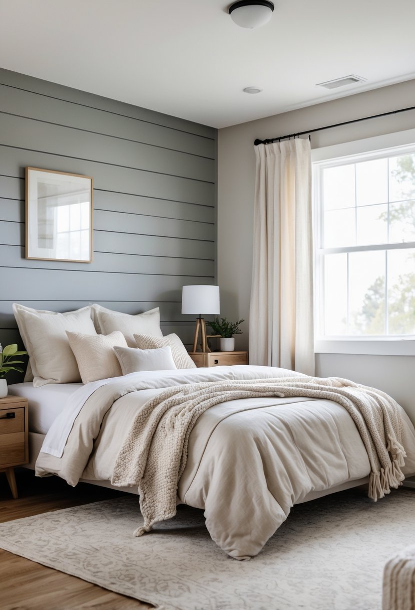 A bedroom with a gray shiplap accent wall, a bed with pillows and a blanket, a nightstand with a lamp and plant, and natural light coming through a window.