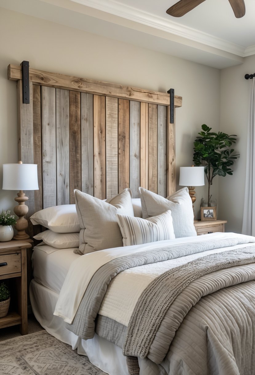 A bedroom with a wooden headboard, neatly made bed, and soft lighting.