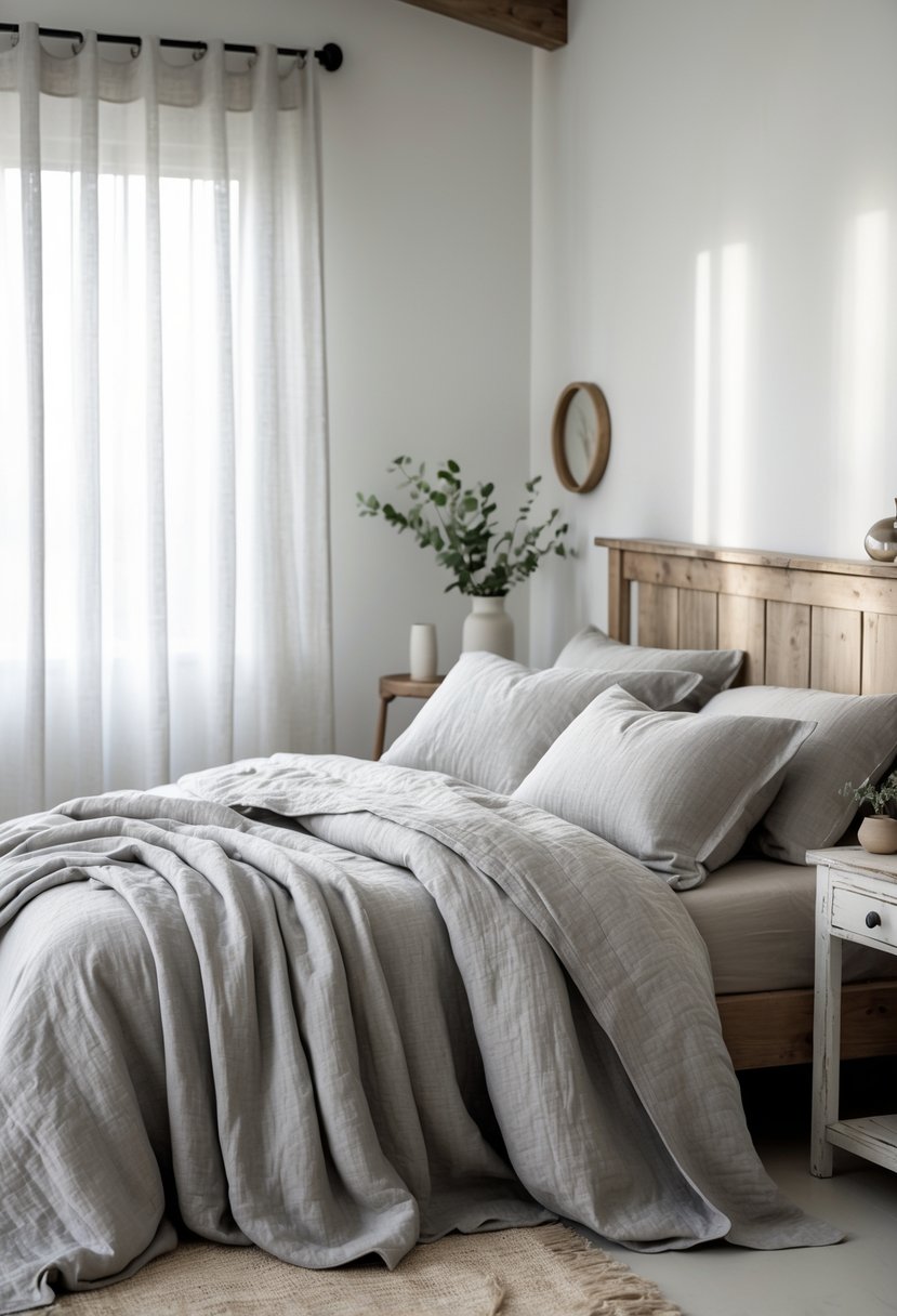A neatly made bed with gray linen bedding in a calm bedroom with rustic wooden furniture and soft natural light.