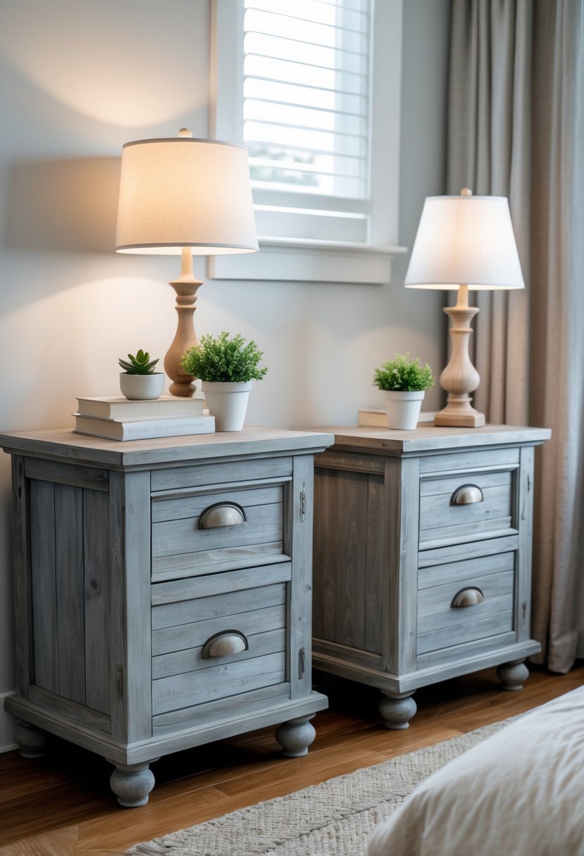 A bedroom with two weathered wood nightstands on either side of a bed, each holding a lamp and small decor items, with soft natural lighting.