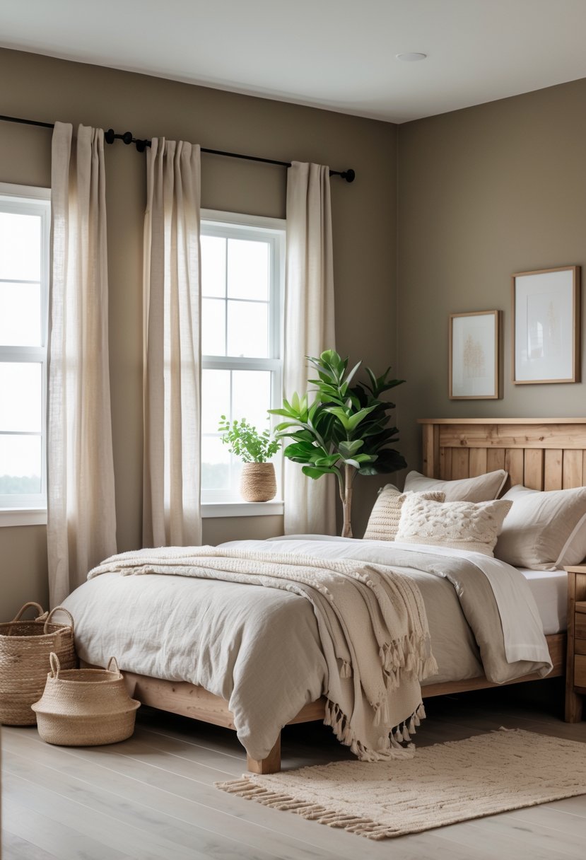 A cozy bedroom with greige walls, a bed with neutral linens, wooden furniture, soft natural light, and simple decorative accents.