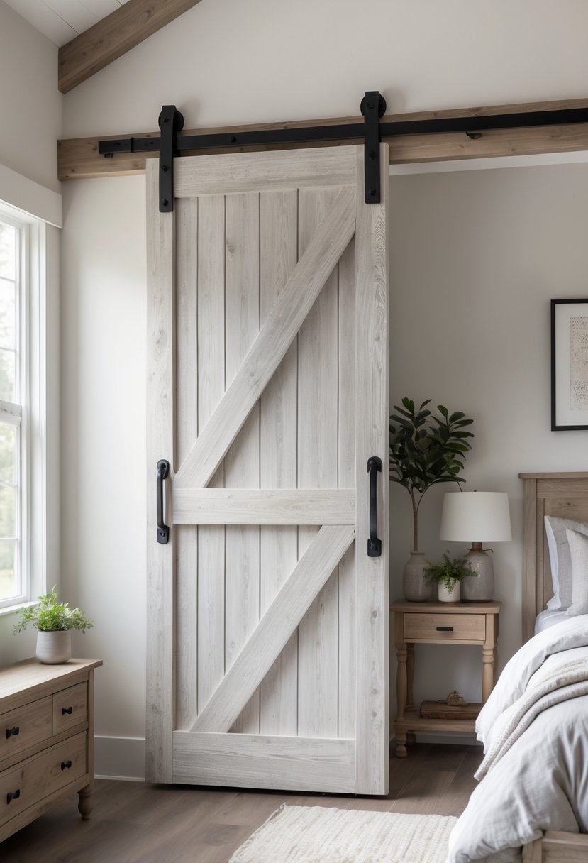 A bedroom with a sliding whitewashed wooden barn door, a bed with grey bedding, and a nightstand with a lamp.
