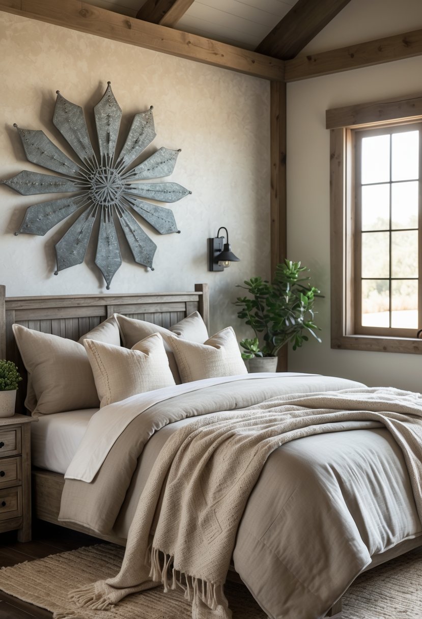 A bedroom with a bed, wooden furniture, and grey metal wall art hanging above the bed.