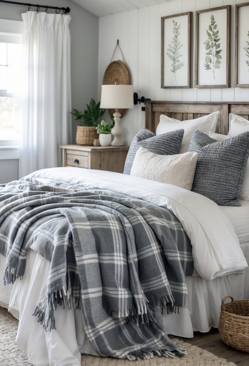 A bedroom with a bed covered in gray plaid throw blankets, white linens, and pillows, featuring wooden furniture and soft natural light.