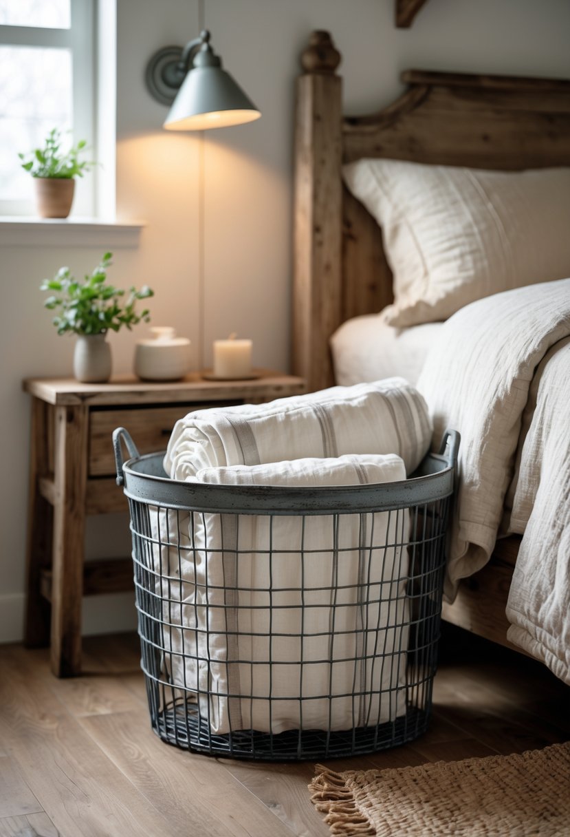 A grey vintage wire basket filled with linens placed on a wooden floor next to a bed in a bedroom with natural light and simple decor.