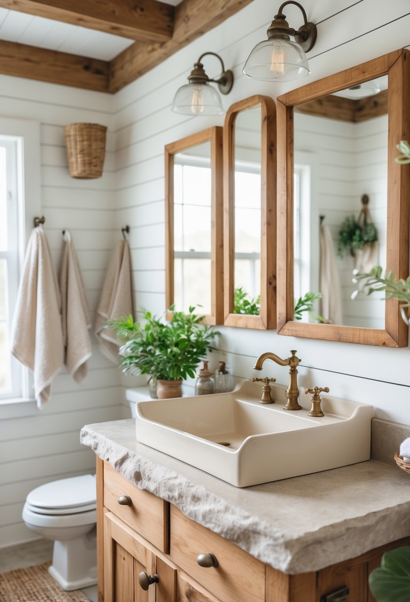 A bright bathroom with wooden framed mirrors, a wooden vanity, a white sink, and green plants.