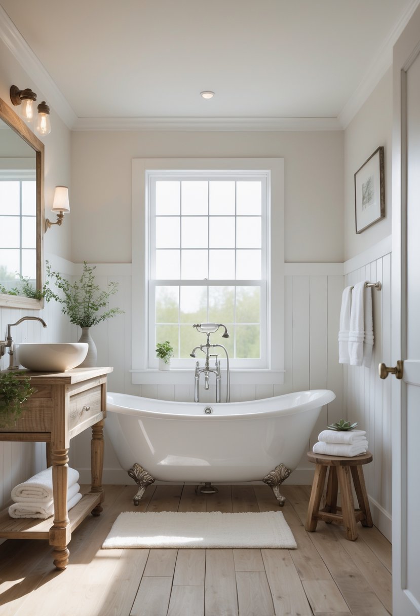 A bright bathroom with a freestanding clawfoot bathtub next to a window, surrounded by rustic wooden furniture and plants.
