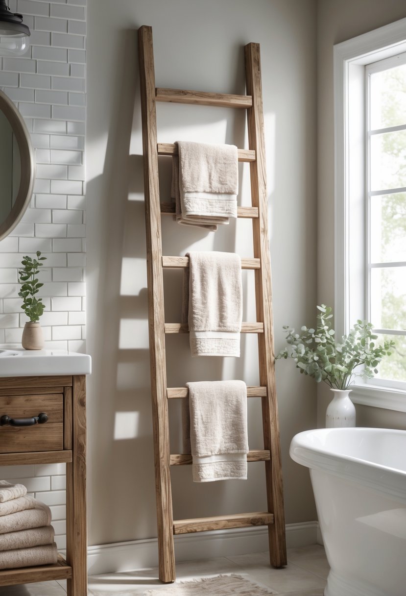 A rustic wooden ladder towel rack with folded towels placed against a bathroom wall next to a wooden vanity and a small vase with greenery.