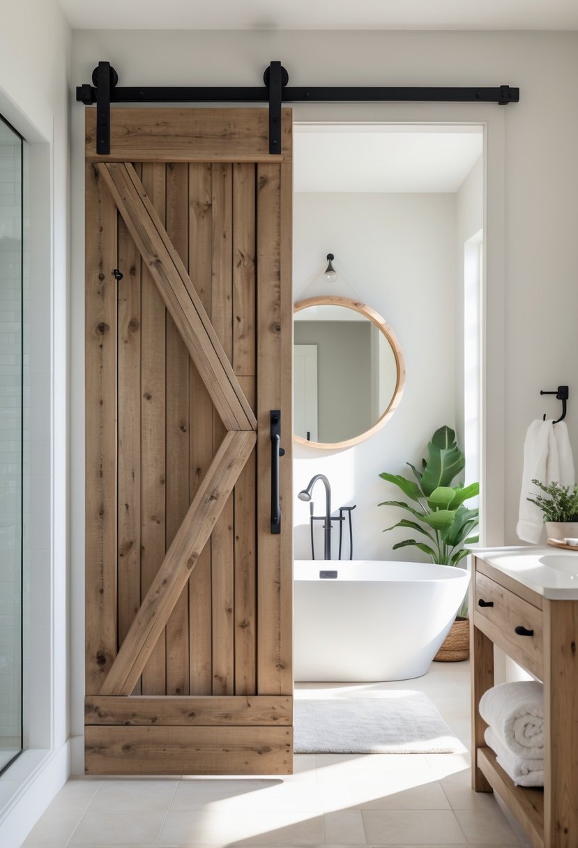 A bright bathroom with a wooden sliding door, a bathtub, and a vanity with a mirror.