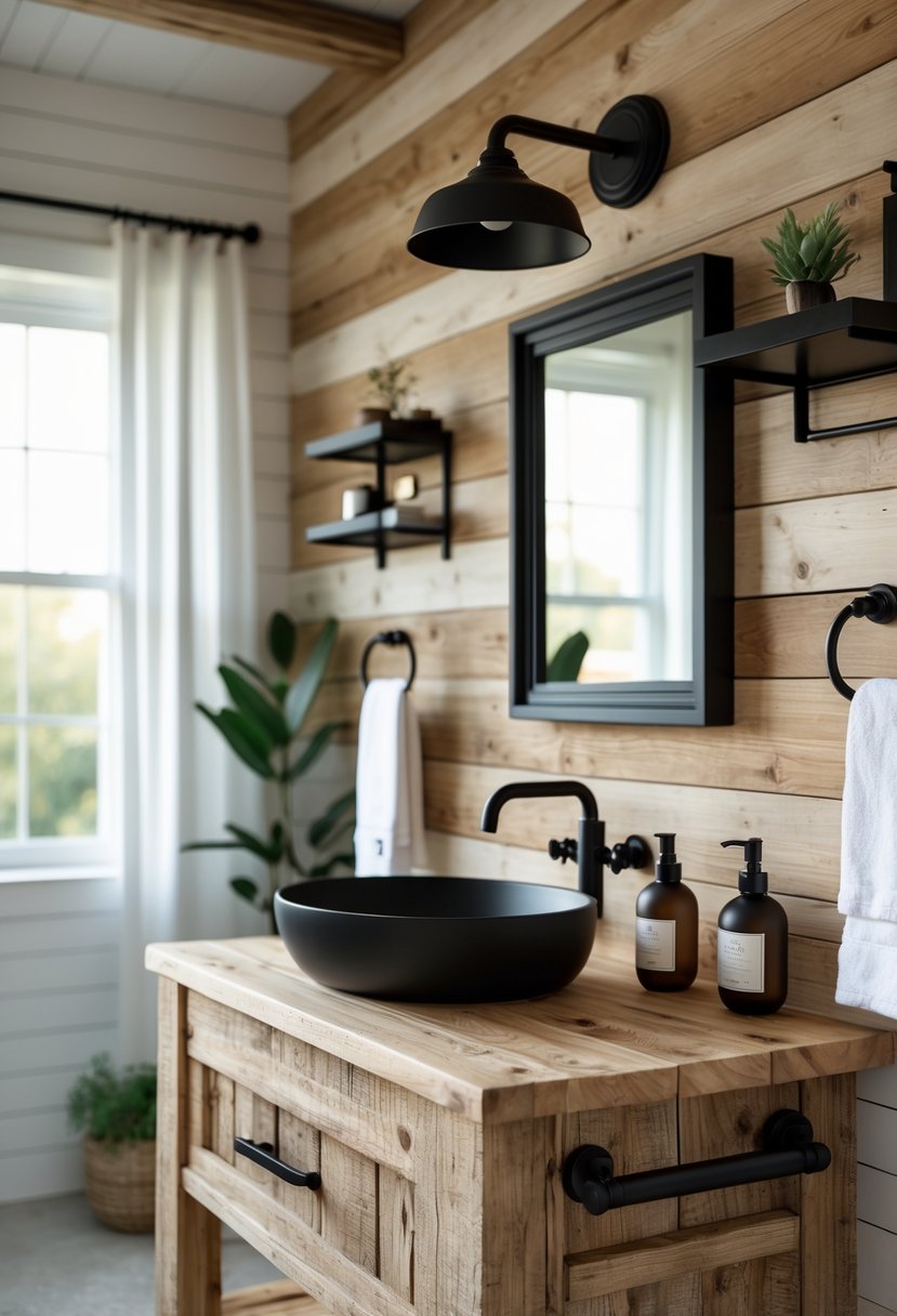 A bathroom with a wooden vanity, matte black sink and fixtures, wooden walls, and black framed mirrors, lit by natural light.
