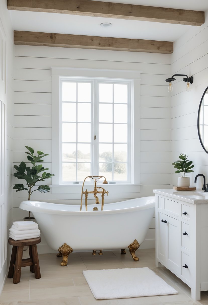 A bright bathroom with a freestanding clawfoot bathtub and vintage fixtures near a window.