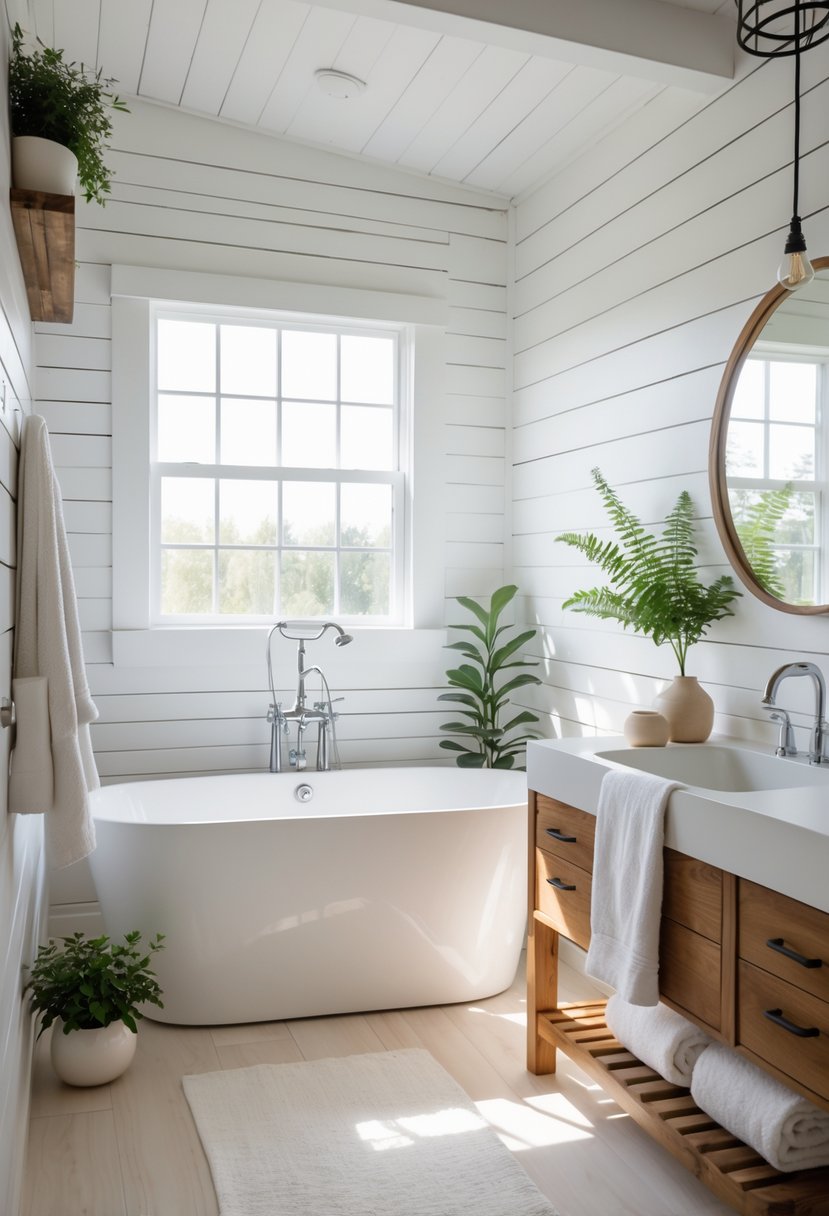 A bright bathroom with white wooden walls, a freestanding bathtub, a wooden vanity with a round mirror, and green plants.