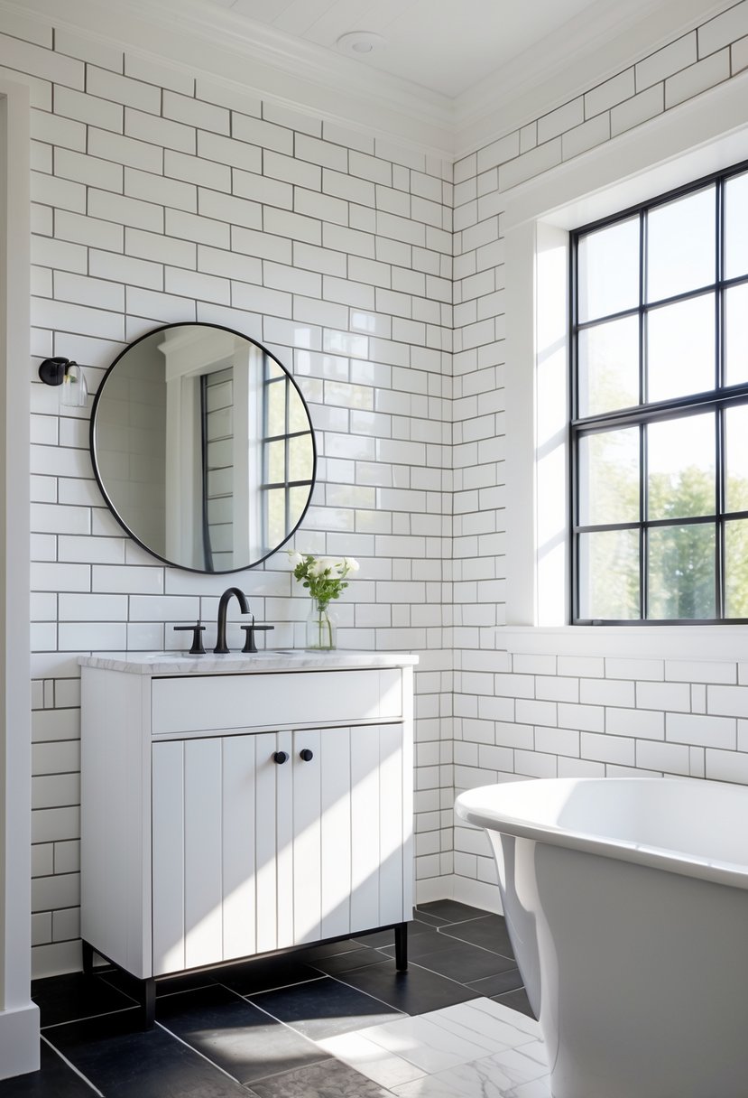 A bright bathroom with white subway tile walls featuring dark grout lines, a white vanity, round mirror, and metal fixtures.