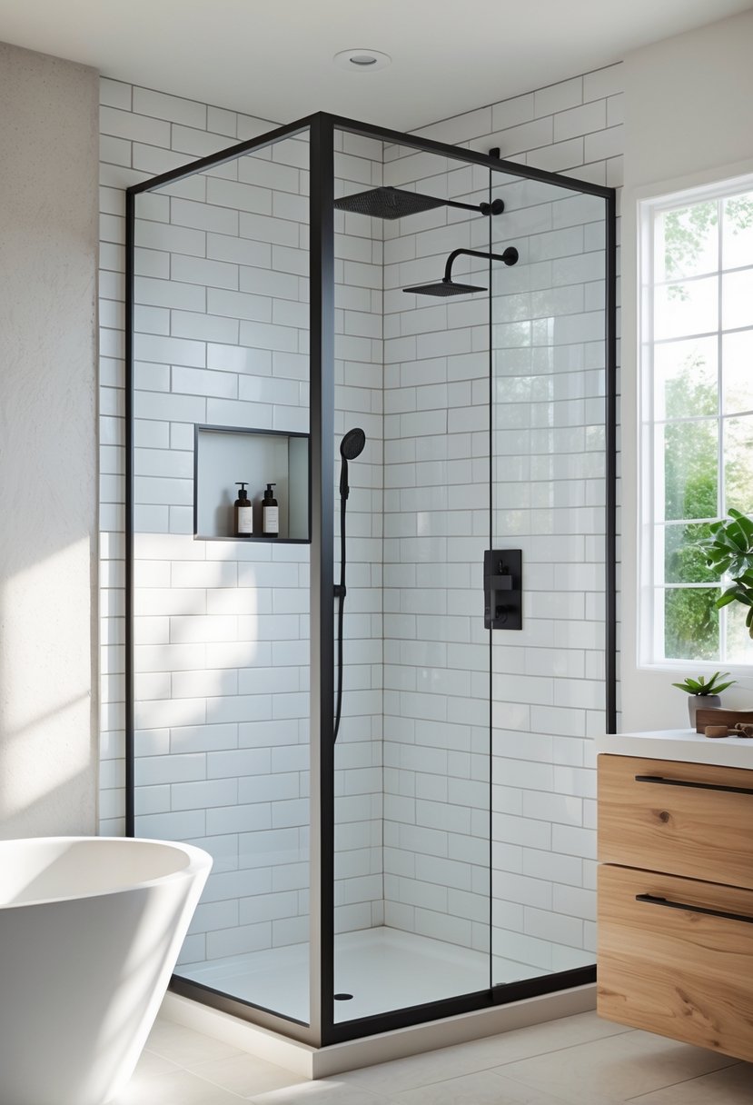A bright bathroom with a black-framed glass shower enclosure, white bathtub, wooden vanity, and natural light coming through a window.
