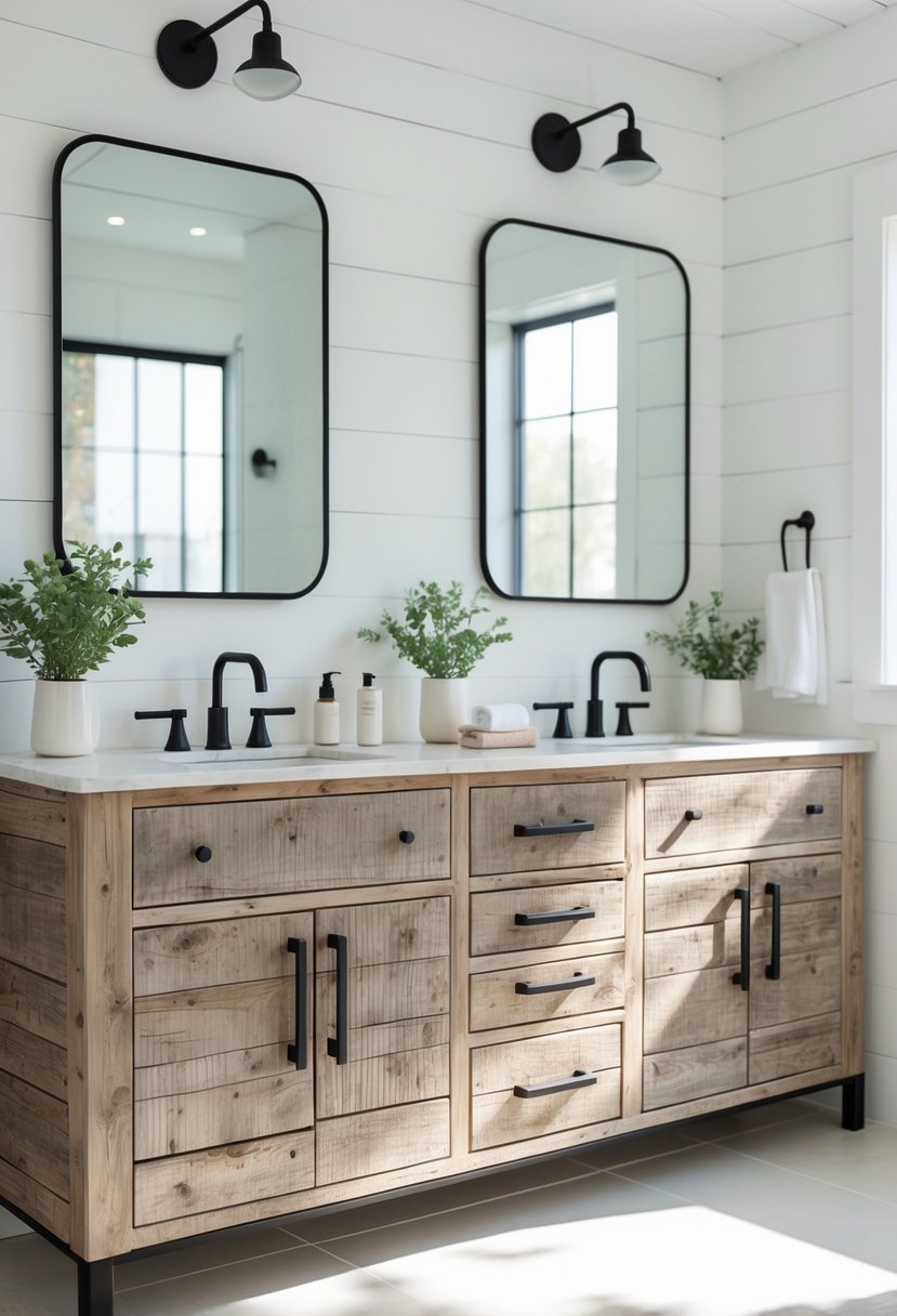 A bathroom with wooden vanities featuring matte black hardware, bright natural lighting, and simple decor.