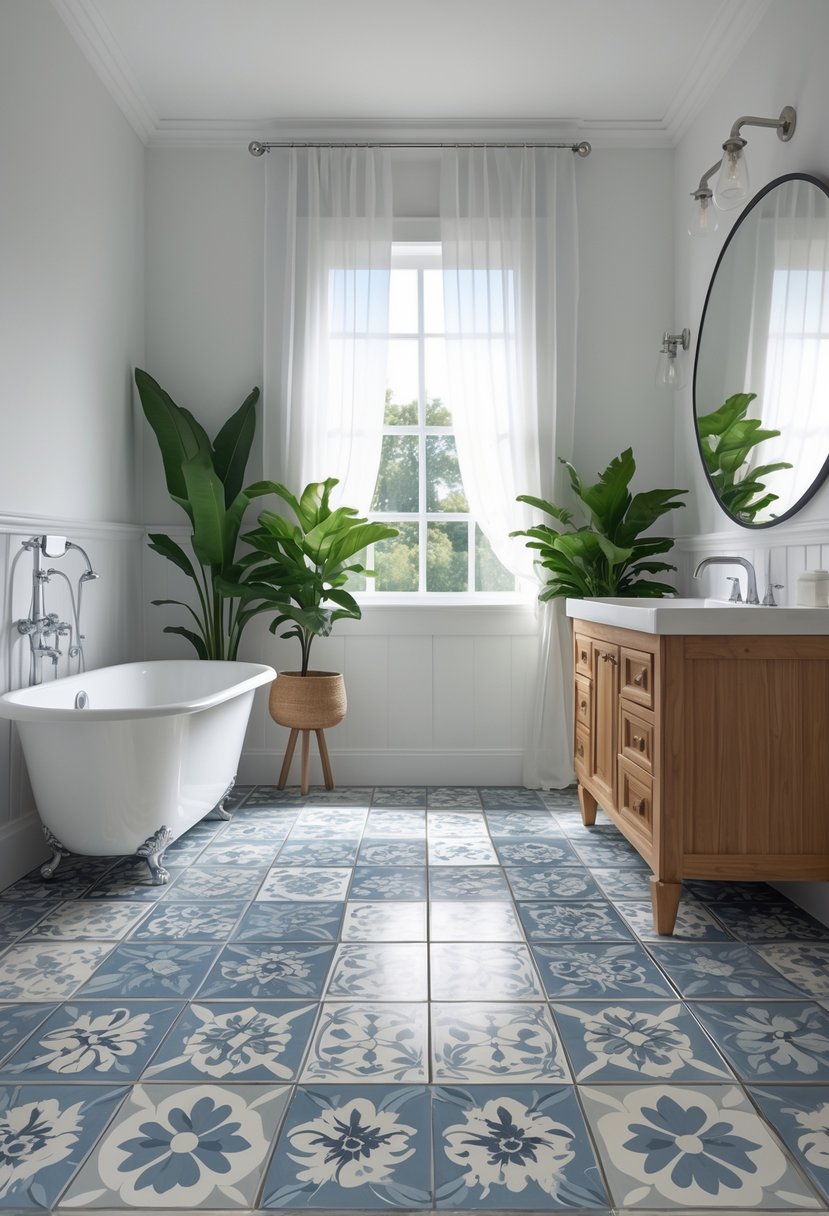 A bright bathroom with patterned tile flooring, a freestanding bathtub, wooden vanity, round mirror, and plants near a window.