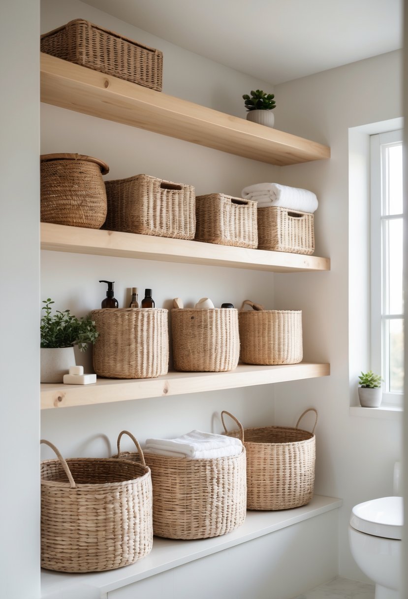 A bathroom with open wooden shelves holding woven baskets and bathroom essentials.