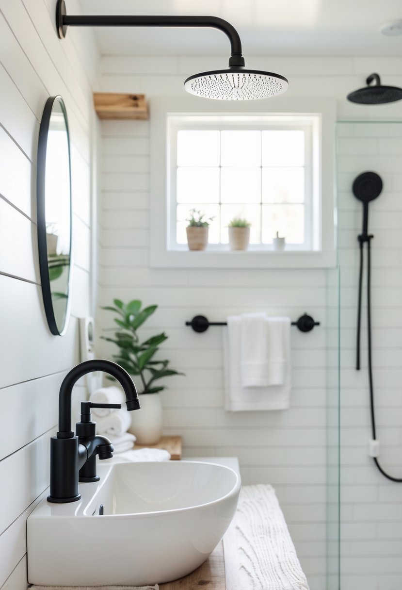 A bright bathroom with matte black faucets and showerheads, white walls, and wooden accents.