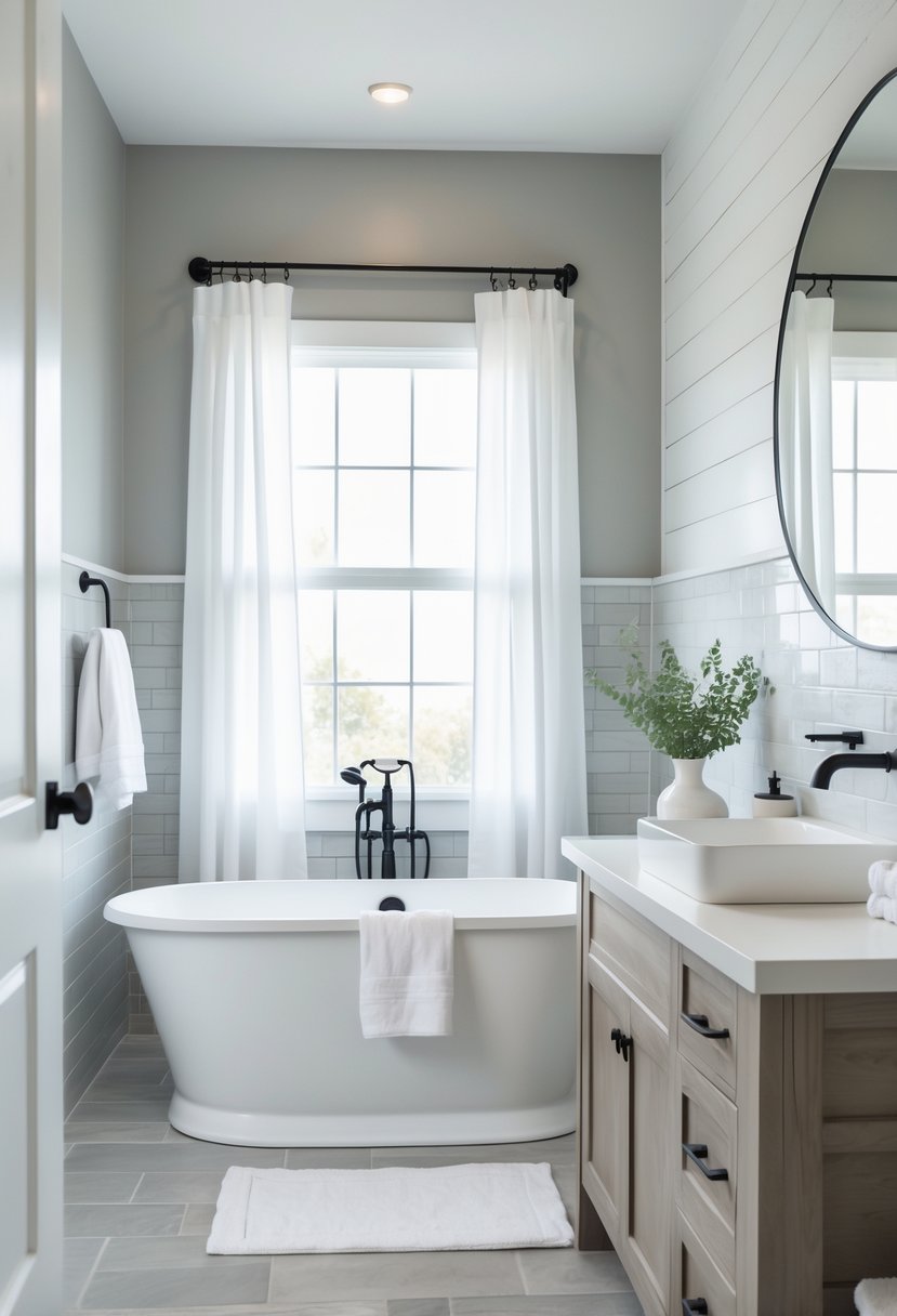 A bright bathroom with a freestanding bathtub, wooden vanity, round mirror, and soft gray and white tones.
