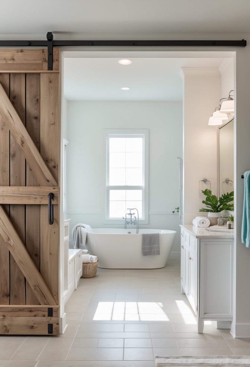 A barn door-style sliding door partially open, revealing a bright bathroom with a bathtub, vanity, and plants.