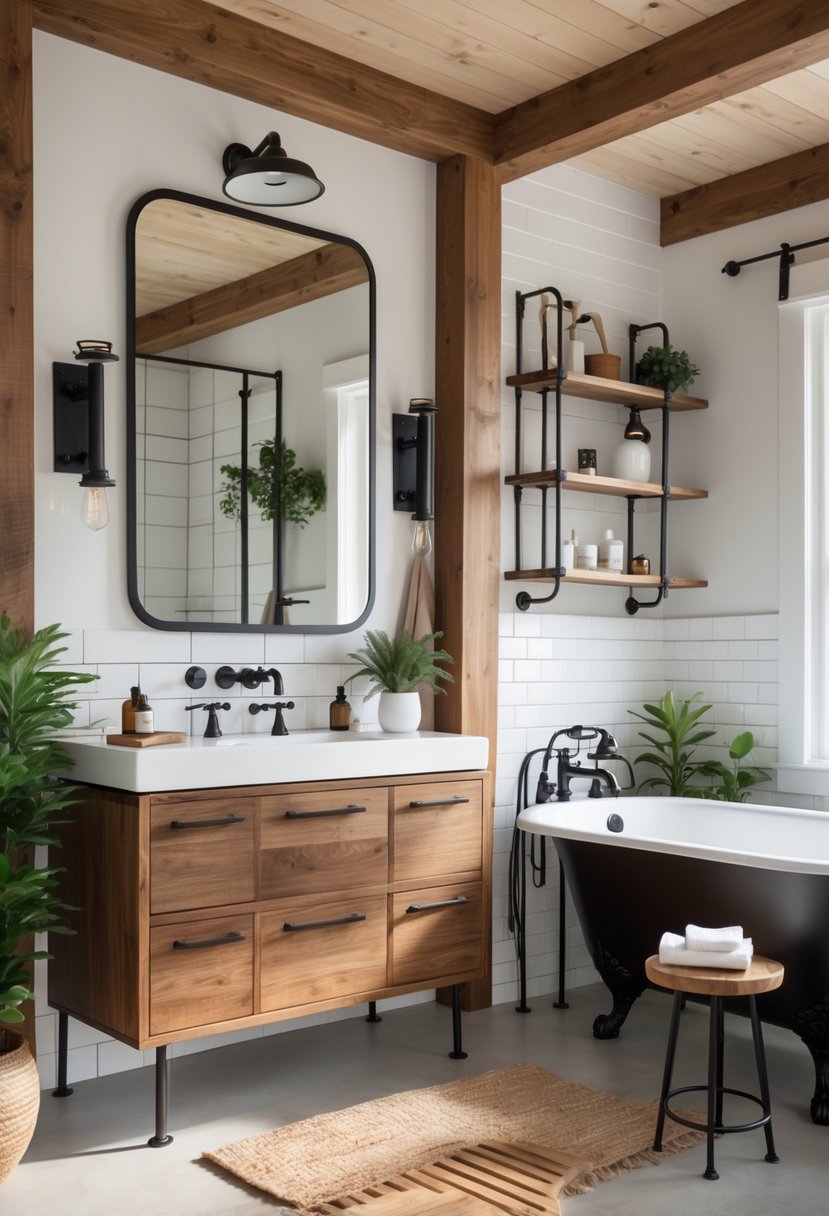 A bathroom with a wooden vanity, metal fixtures, a freestanding bathtub, and natural light.