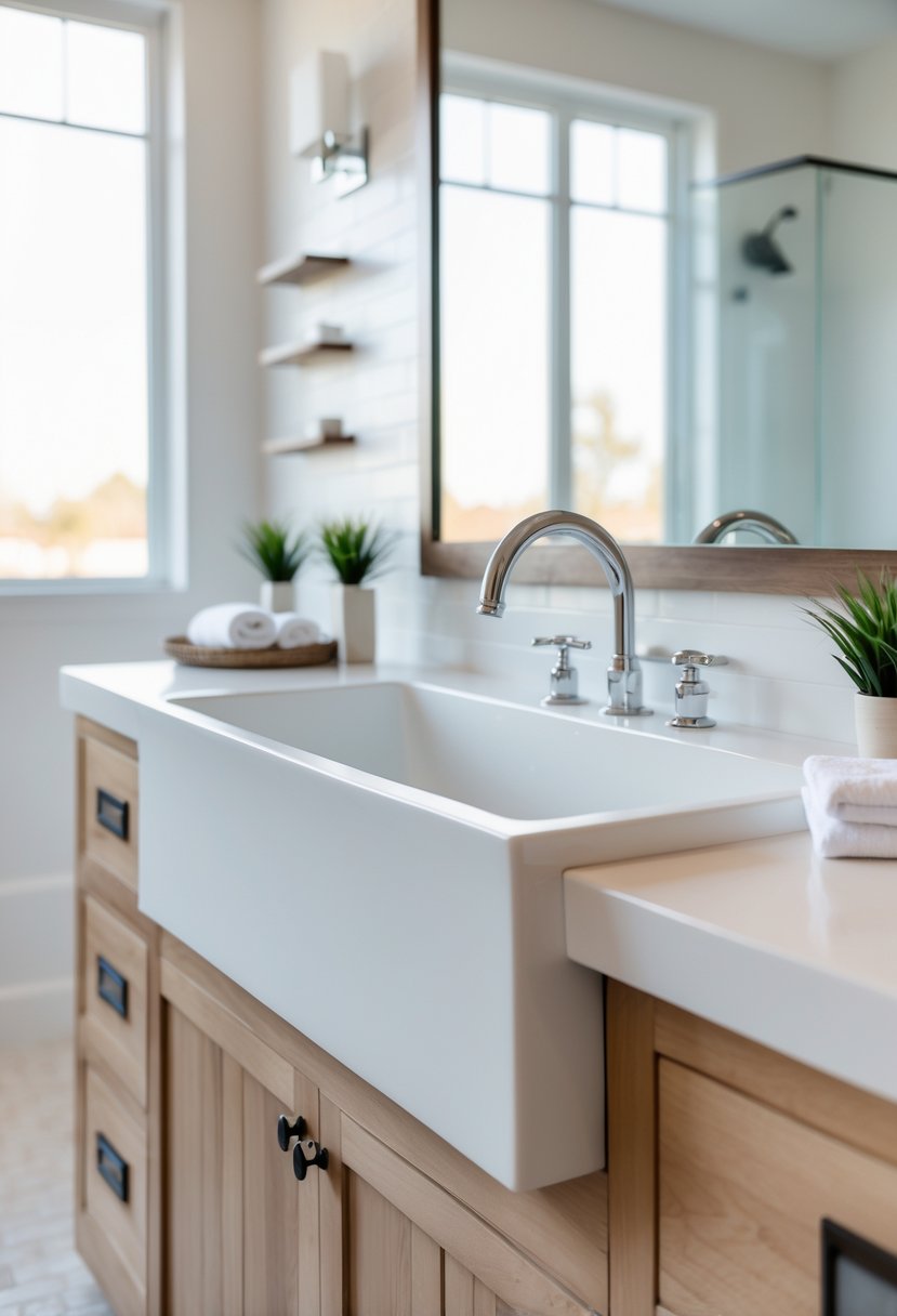 A large white farmhouse-style sink with an apron front in a bright bathroom with a chrome faucet and natural light.