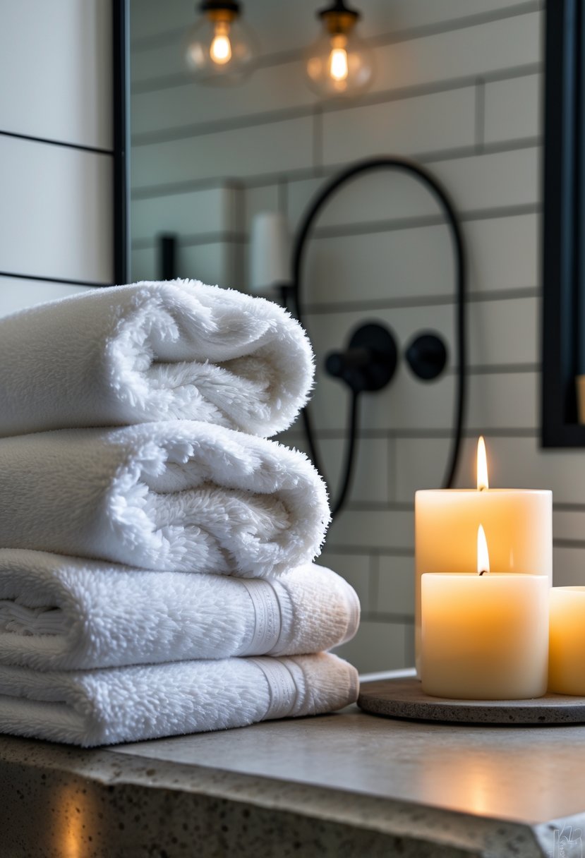 A bathroom scene with soft white towels stacked on a wooden shelf and lit candles on a stone surface, creating a warm and relaxing atmosphere.