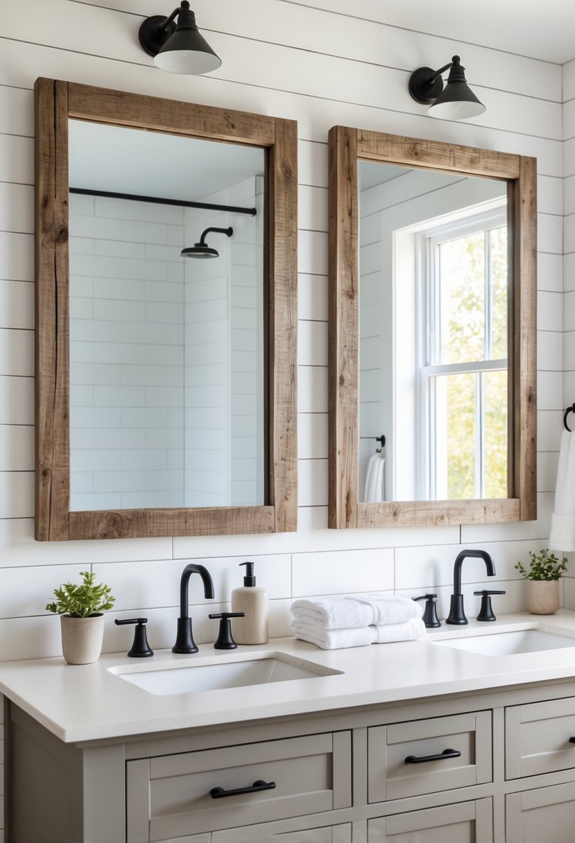 A bathroom with two wooden framed mirrors above a double vanity, featuring white walls, black fixtures, and natural light.