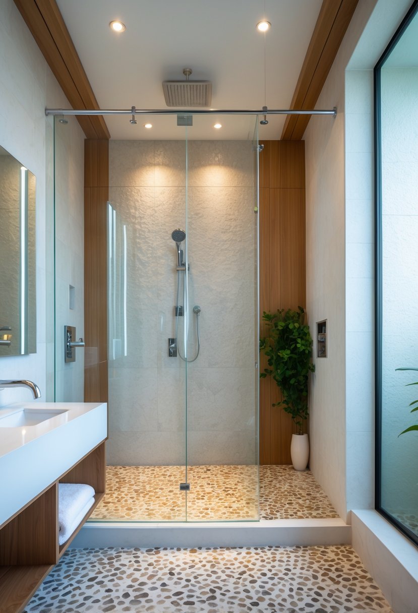 A spacious bathroom with a walk-in shower featuring pebble stone floors, clear glass doors, and a white vanity with a mirror.