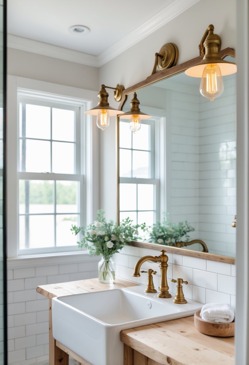 A bright bathroom with brass light fixtures above a mirror, a white sink, wooden countertop, and tiled walls.