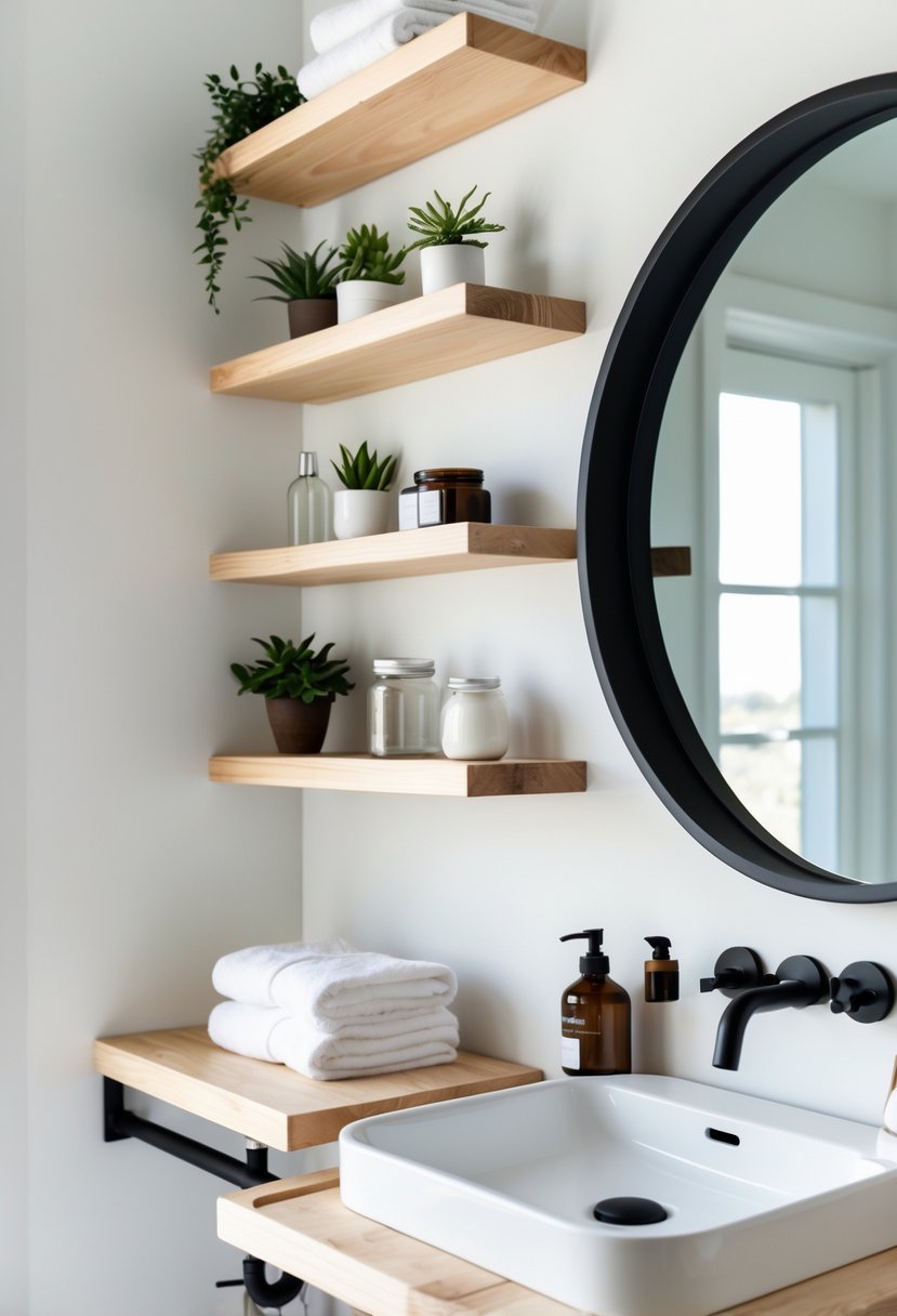 A bathroom wall with floating wooden shelves holding plants, towels, and containers above a white sink with a round mirror.