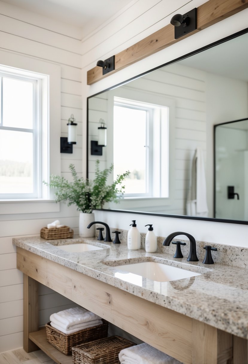 A bright bathroom with natural stone countertops, sinks, a large mirror, and wooden accents.