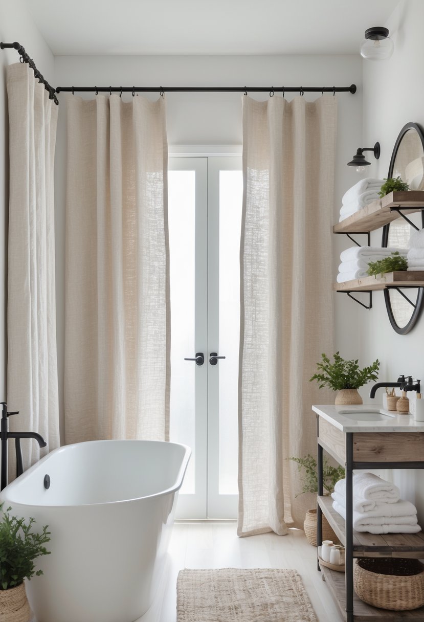 A bright bathroom with linen shower curtains, a freestanding bathtub, wooden shelves with towels and plants, and a round mirror above a vanity.