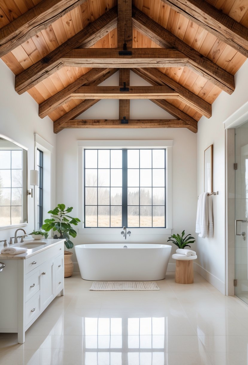 Bright bathroom with exposed wooden ceiling beams, a freestanding bathtub, and natural light.
