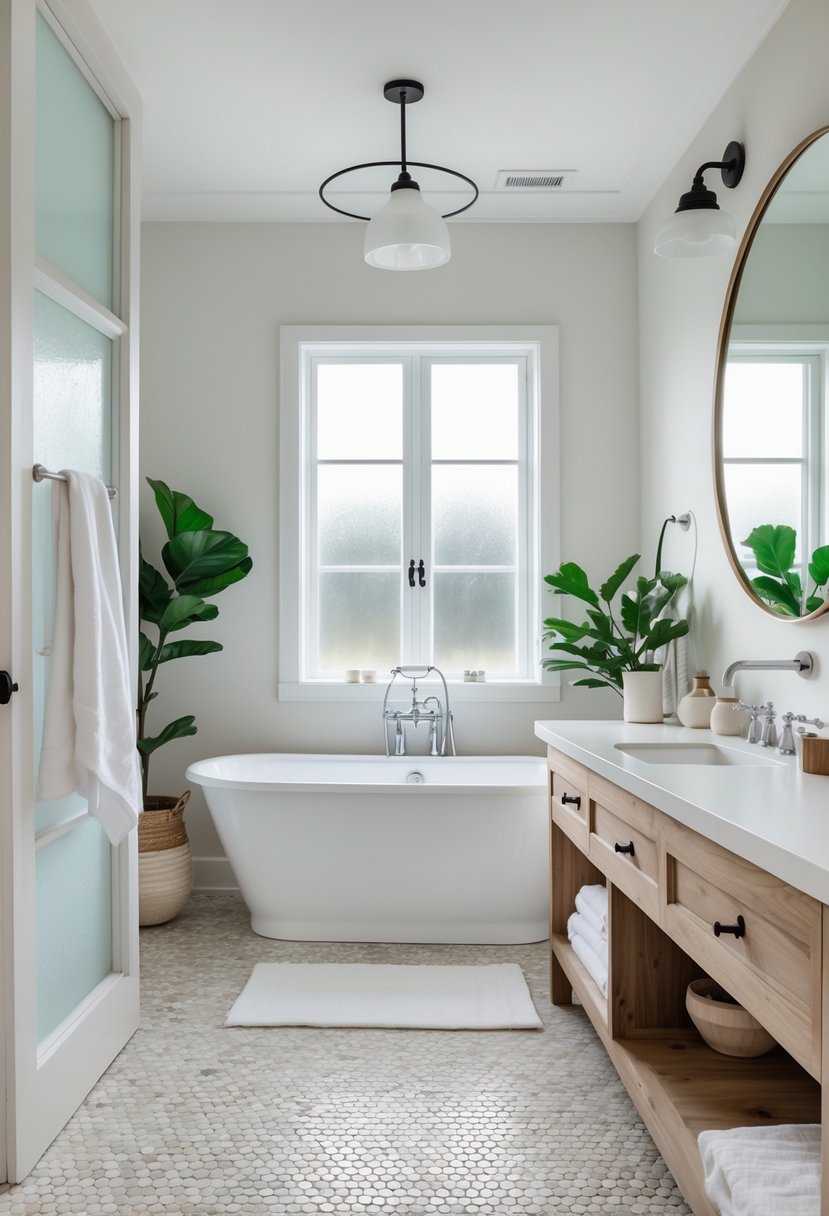 A bright bathroom with a freestanding bathtub, wooden vanity, round mirror, and hexagonal floor tiles.