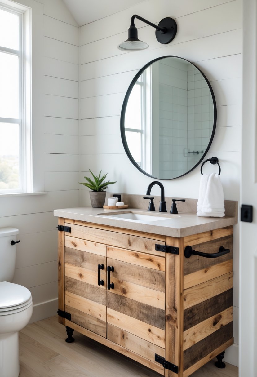 A small bathroom with a wooden vanity featuring reclaimed wood accents, a round mirror, and natural light from a window.