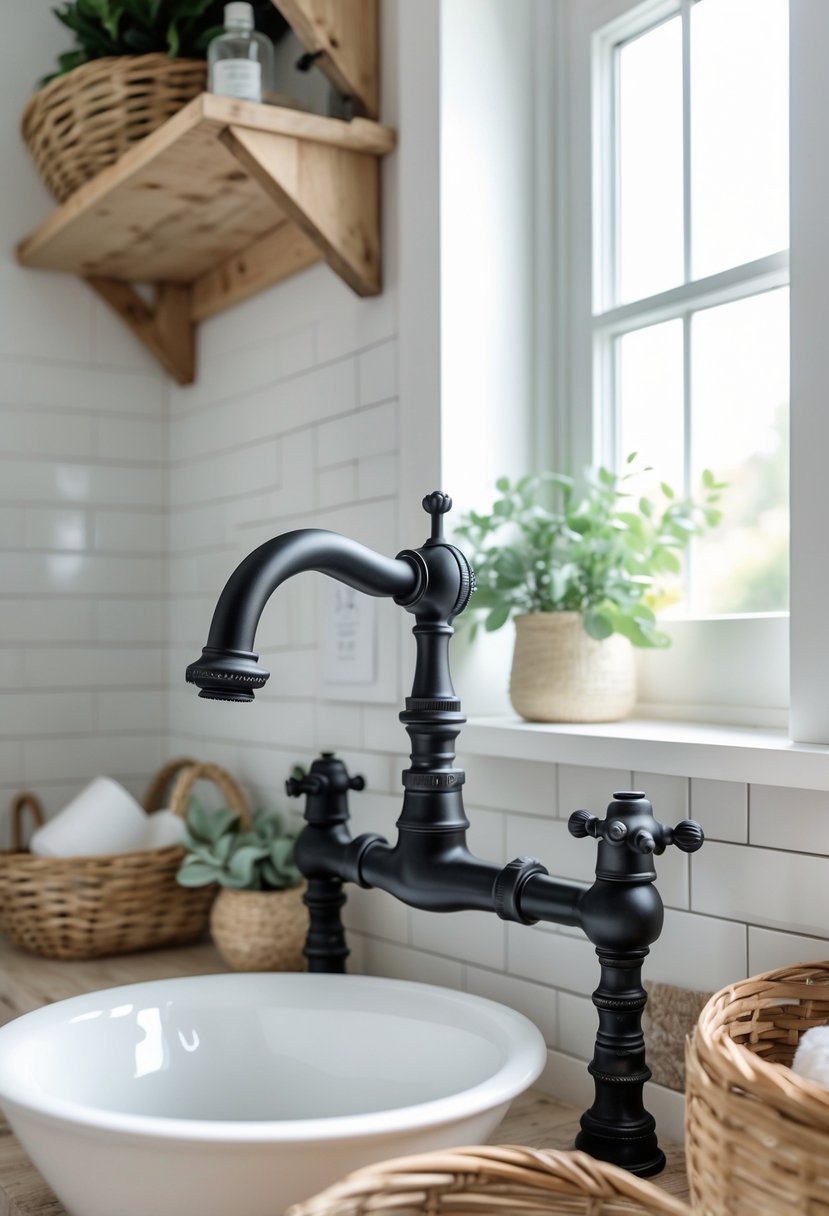 Small bathroom with a black vintage faucet over a white sink and wooden accents
