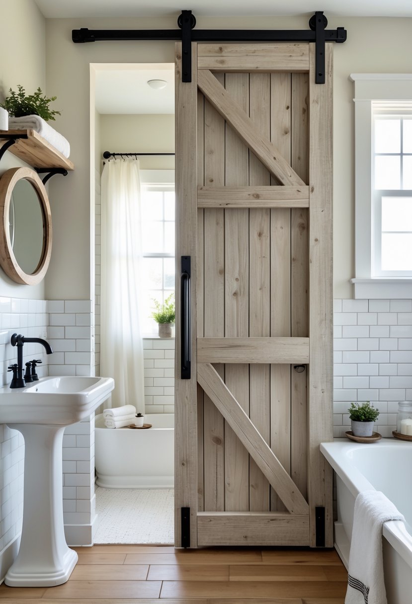 A small farmhouse bathroom with a sliding barn door, a pedestal sink, a round mirror, wooden shelves with towels and plants, and natural light coming through a window.