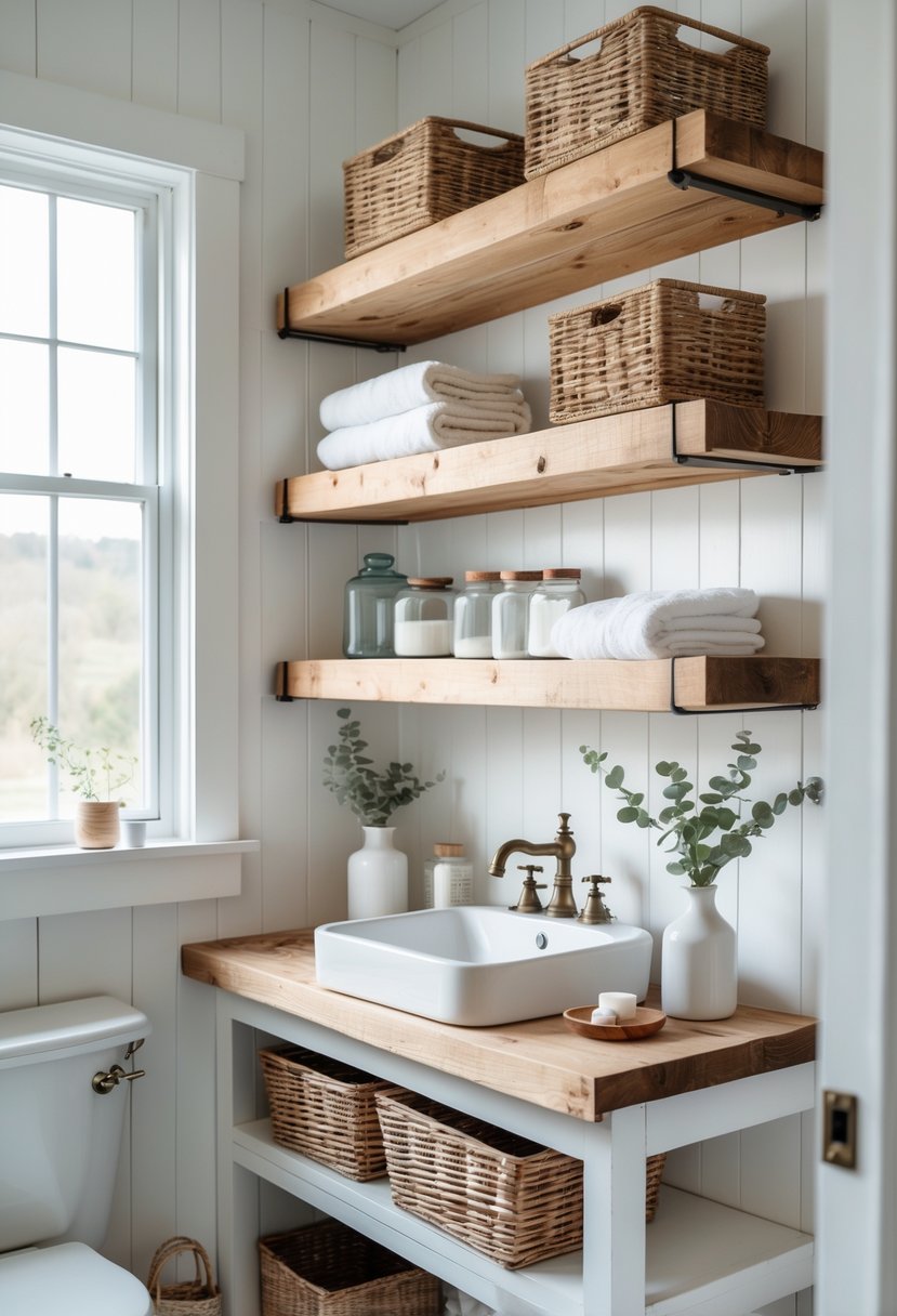 Small bathroom with open wooden shelves holding towels, baskets, and jars, featuring a sink and natural light.