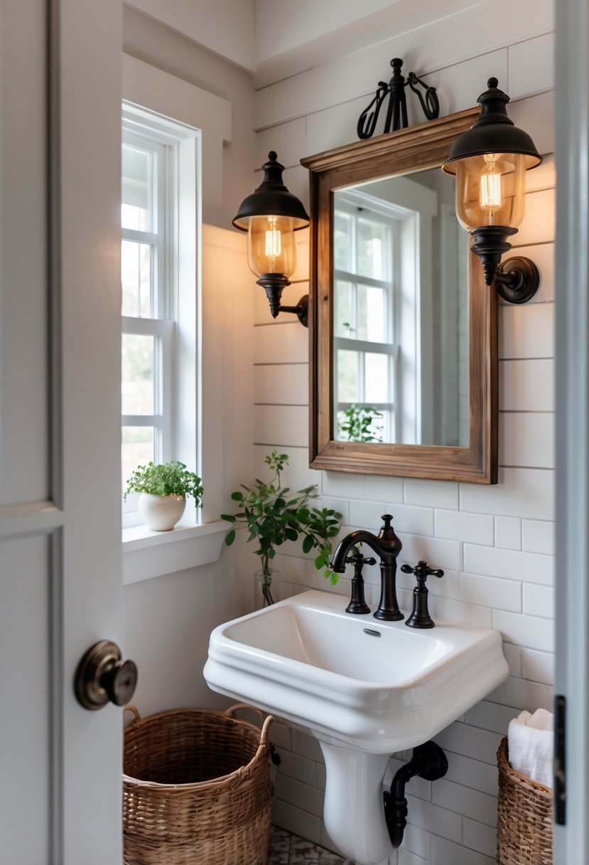 A small bathroom with a sink, mirror, bronze and black light fixtures, tiled floor, and a potted plant.