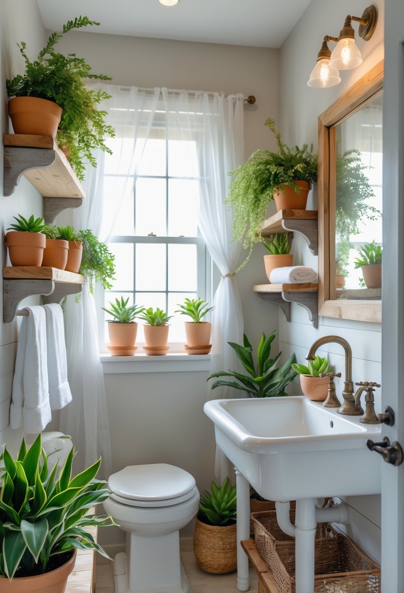 A small farmhouse bathroom with potted plants on shelves and countertop, featuring a white sink and natural light.