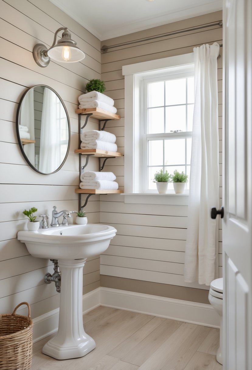 Small bathroom with shiplap walls, a white pedestal sink, round mirror, wooden shelves with towels and plants, and natural light coming through a window.