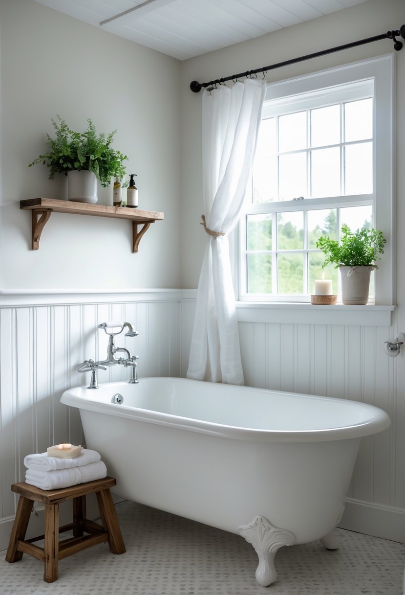 A small bathroom with a white clawfoot bathtub, natural light from a window, wooden stool with towels, and a potted plant on the windowsill.